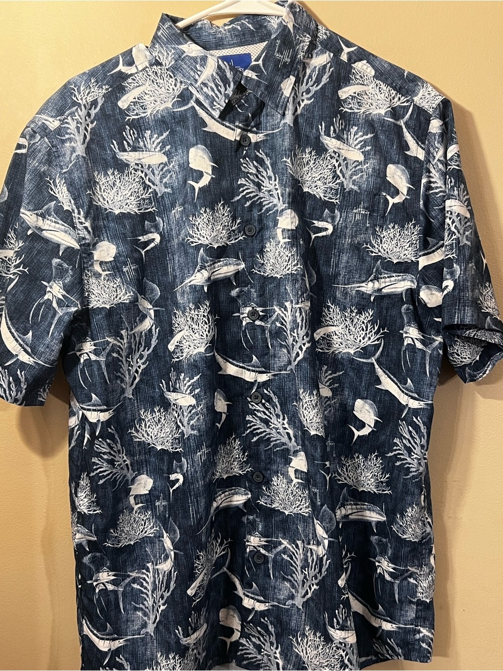 Guy Harvey Navy and White Short-Sleeve Button-Down Shirt